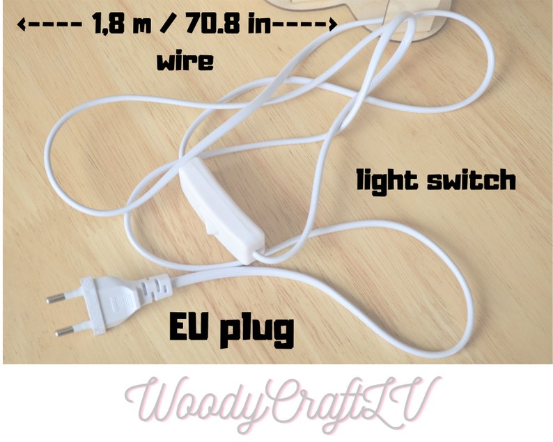 May include: White electrical cord with a white light switch and a European plug. The cord is 1.8 meters or 70.8 inches long. The text "Woody CraftLV" is visible in the bottom right corner.