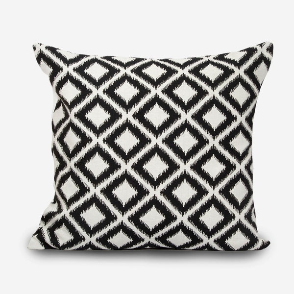 Throw pillow black and white, jacquard black euro sham, geometric cushion, pillow case bed, ikat pillow, pillow covers 18 x 18