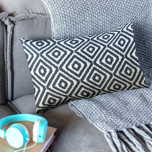 Blue Geometric Lumbar Pillow Cover: Cotton Jacquard Cushion