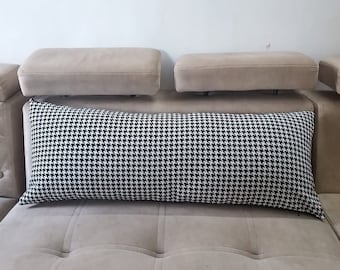 Houndstooth Lumbar Pillow Cover: Black Cushion, Cotton Linen (14x36)