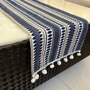 Table runner blue, jacquard table runner, striped table runner with pompom