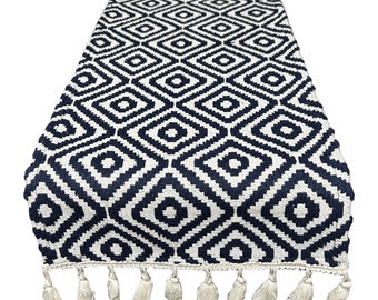 Cotton Jacquard Table Runner: Blue Boho Decor with Lace