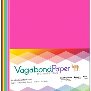 May include: A pack of 65lb, 8.5 x 11 inch, acid and lignin free cardstock paper in a bright pink color. The paper is made by Vagabond Paper and is labeled as "Premium Cardstock".