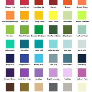May include: A color chart featuring 48 different color swatches, each labeled with a unique name. Colors range from pinks and reds to greens, blues, and neutrals, including shades like "Flamingo Pink," "Navy Blue," and "Kangaroo Kraft."