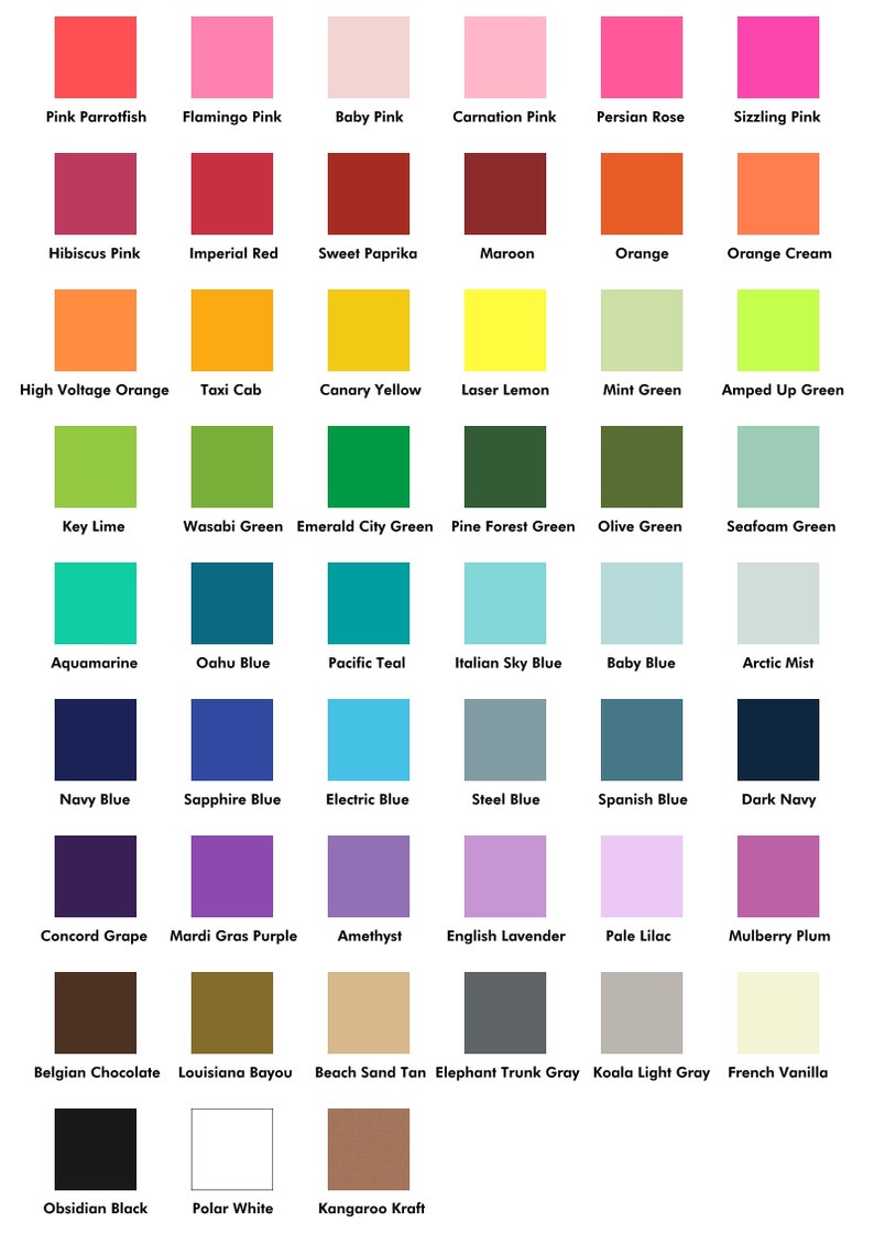 May include: A color chart featuring 48 different color swatches, each labeled with a unique name. Colors range from pinks and reds to greens, blues, and neutrals, including shades like "Flamingo Pink," "Navy Blue," and "Kangaroo Kraft."