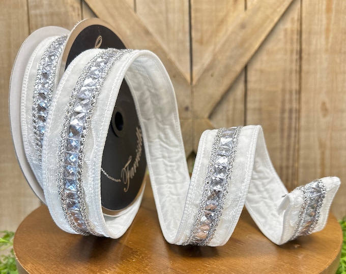 Jewled Ribbon 5 Yards, Jeweled White Velvet Ribbon With Silver Trim, 1.5 Inch Ribbon ...