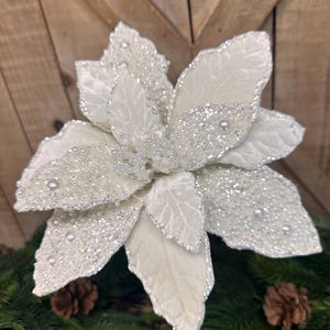 May include: A large, white poinsettia flower with glitter and pearl accents. The flower has multiple velvety petals and is surrounded by green pine needles and pine cones, creating a festive holiday decoration.