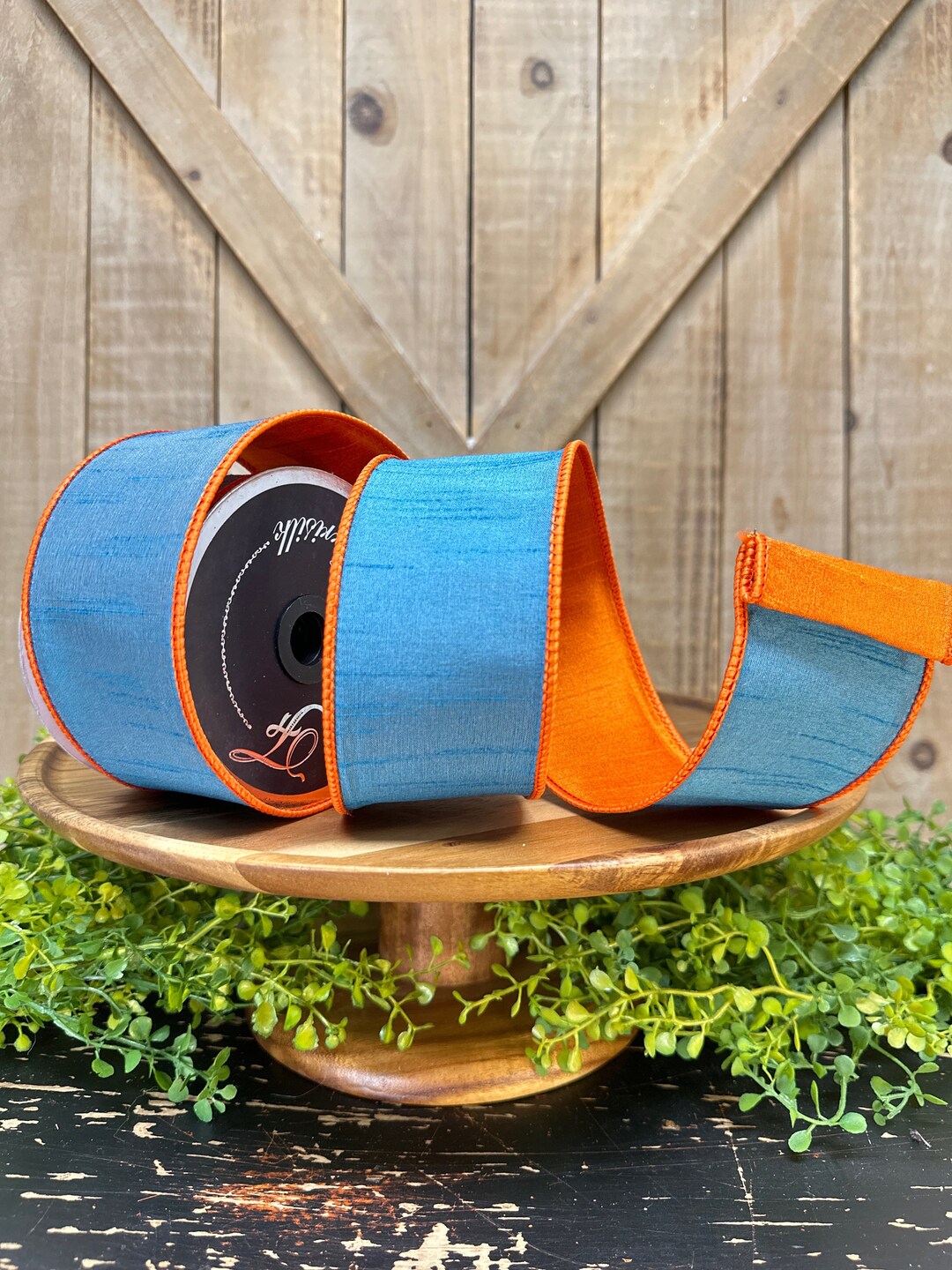 10-yards-2-5-inch-farrisilk-blue-and-orange-constrast-wired-ribbon