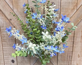 Blue Wild Flower and Eucalyptus Bush, 23 inches, Floral Greenery, Fake Floral Bush