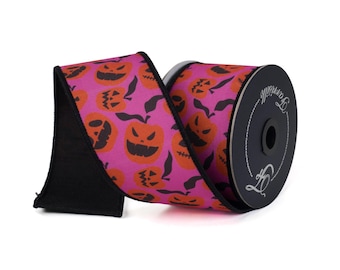 Petulant Pumpkins Wired Ribbon, Halloween Ribbon, Orange and Pink, 2.5 Inch Ribbon, 10 Yards, Designer Ribbon, Farrisilk
