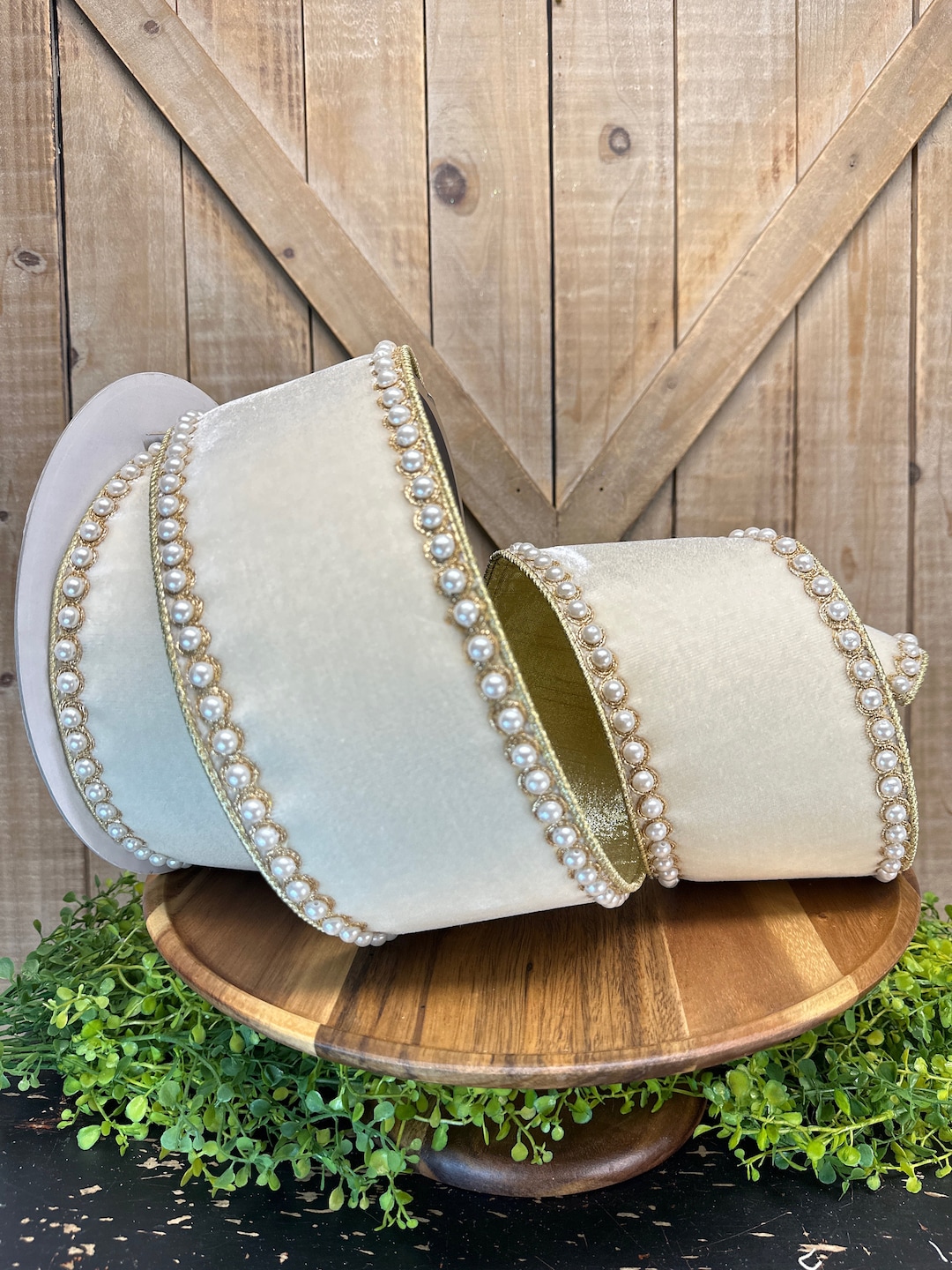 5 Yards - 4 Inch Farrisilk Cream Velvet With Pearl Boarders Ribbon ...