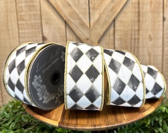 10 Yards, 2.5 inch, Black and White Harlequin Diamond Deluxe Wired Edge Ribbon, Designer Ribbon, Reliant Ribbon