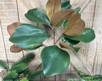 Peut inclure: Une branche de magnolia artificielle présentant des feuilles vert foncé brillantes sur le dessus et un dessous brun clair mat contrastant. La branche possède une tige centrale avec plusieurs feuilles s'étendant vers l'extérieur.