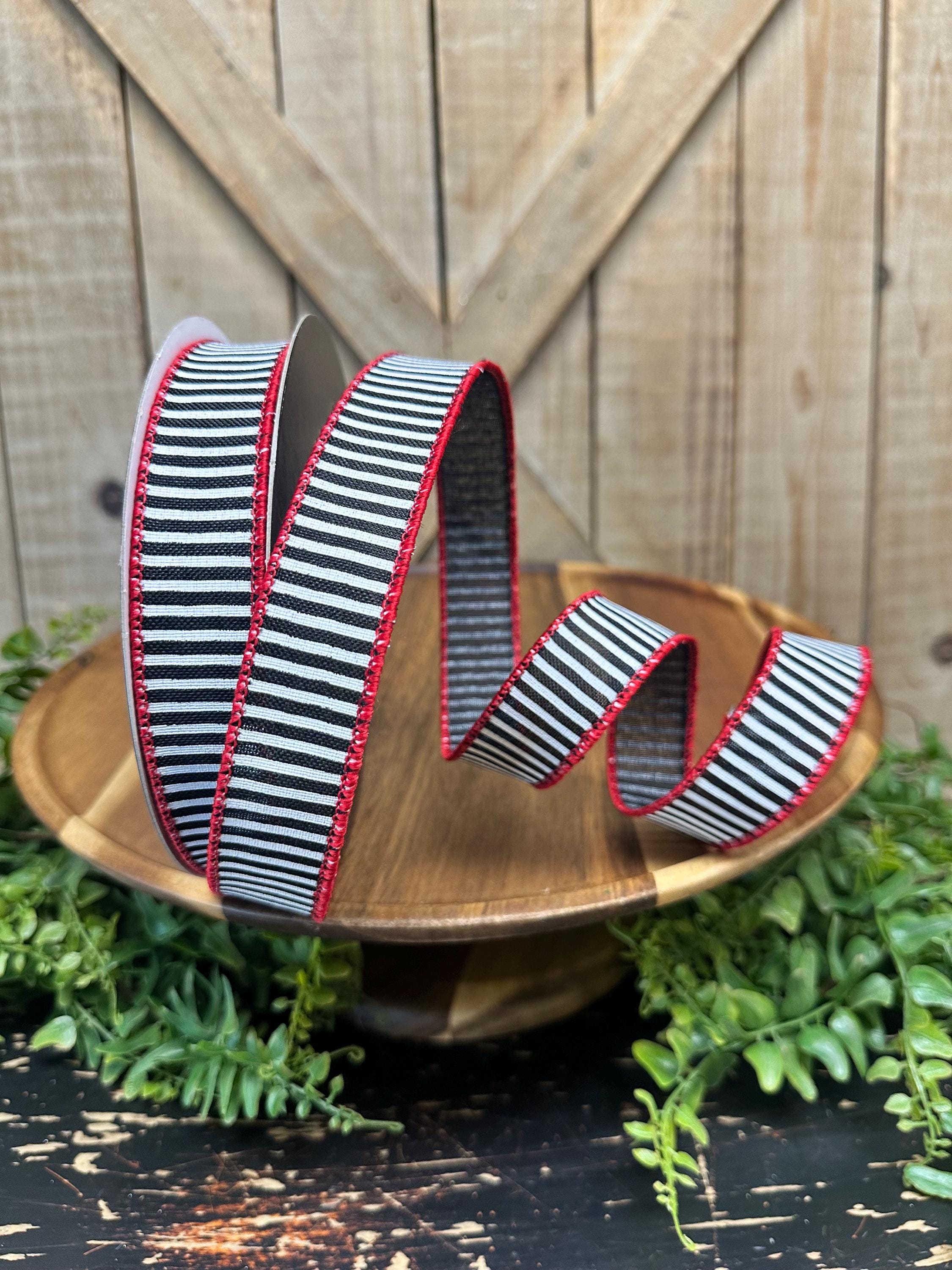 Wide Coasta Ribbon Coastal Stripes Black and White Wired Ribbon, Red Trim, 10 Yards, 1 ...