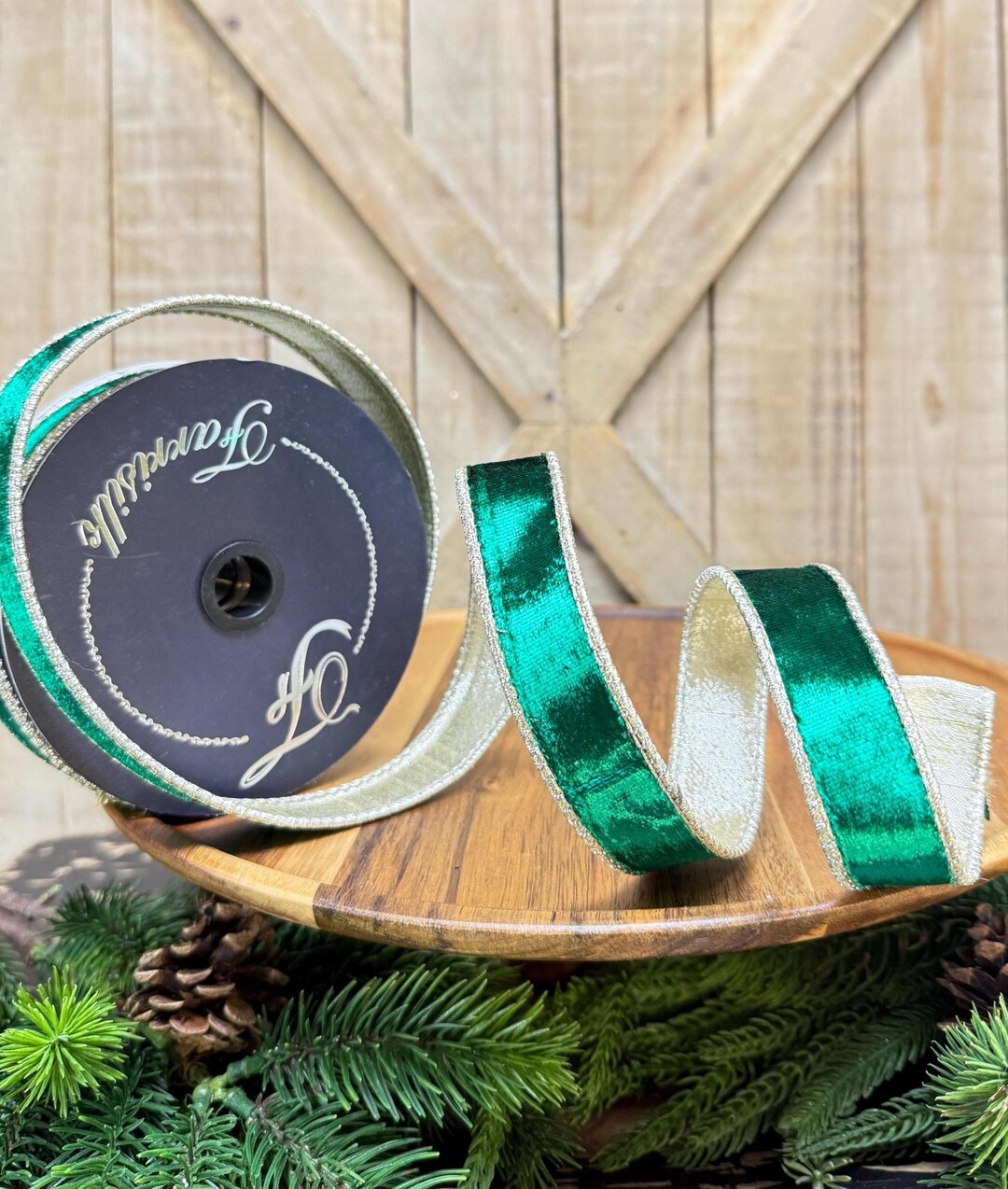 Farrisilk Emerald Satin Velvet Ribbon, Wired Ribbon, Designer Ribbon ...