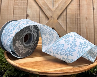 5 Yards, 2.5 inch, White/Blue Filigree Regal Crest Deluxe Wired Edge Ribbon, Designer Ribbon, Reliant Ribbon