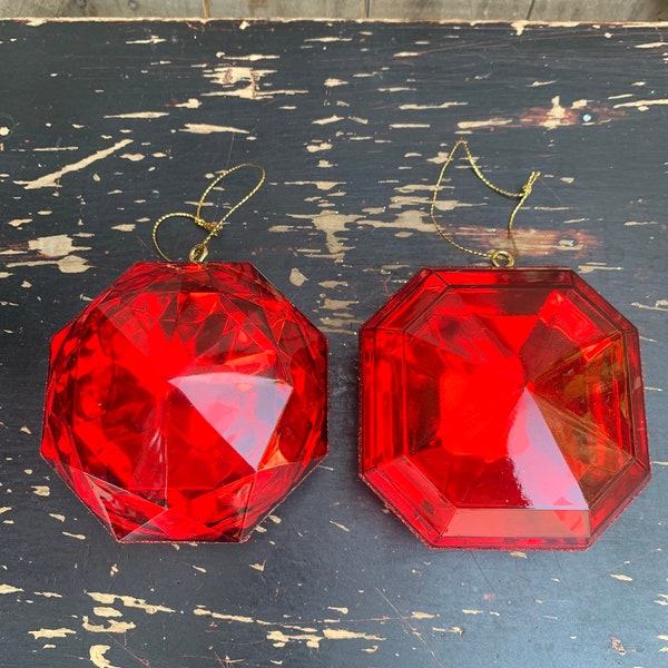 Set of 2, Red Emerald Ornaments, 4 Inch, Gem Ornaments, Jewel Ornament, Wreath Attachment, Centerpiece decor, Christmas Decor