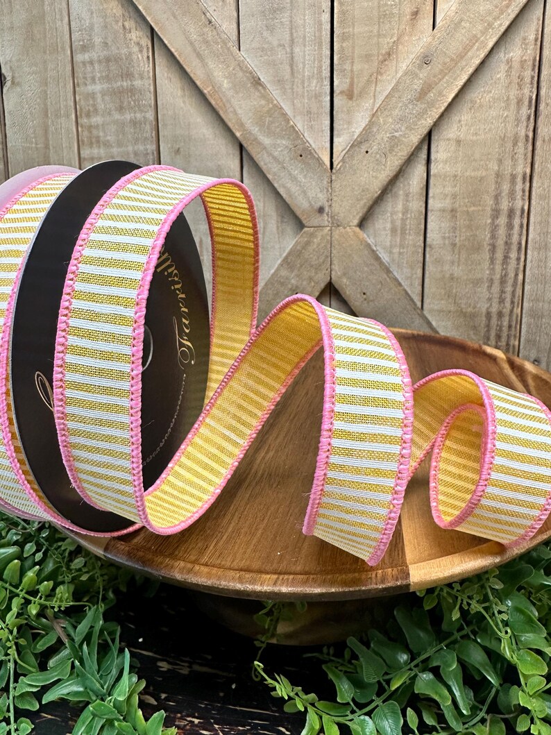 Wide Coasta Ribbon Coastal Stripes Yellow and White Wired Ribbon, Pink Trim, 10 Yards, 1 ...