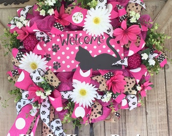 Welcome Wreath, Large Hot Pink Wreath, Cat Wreath, Pet Wreath, Front Door wreath, Shabby and Chic, Floral Wreath