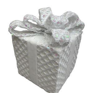 7 Inch, White Sequin Gift Box, Decor, Wreath Attachment, Centerpiece decor, Party Supply