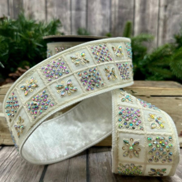 5 YDS, 2.5 Inch, Beautiful Metallic Jeweled and Macrame Wired Ribbon, Designer Wired Ribbon, D Stevens