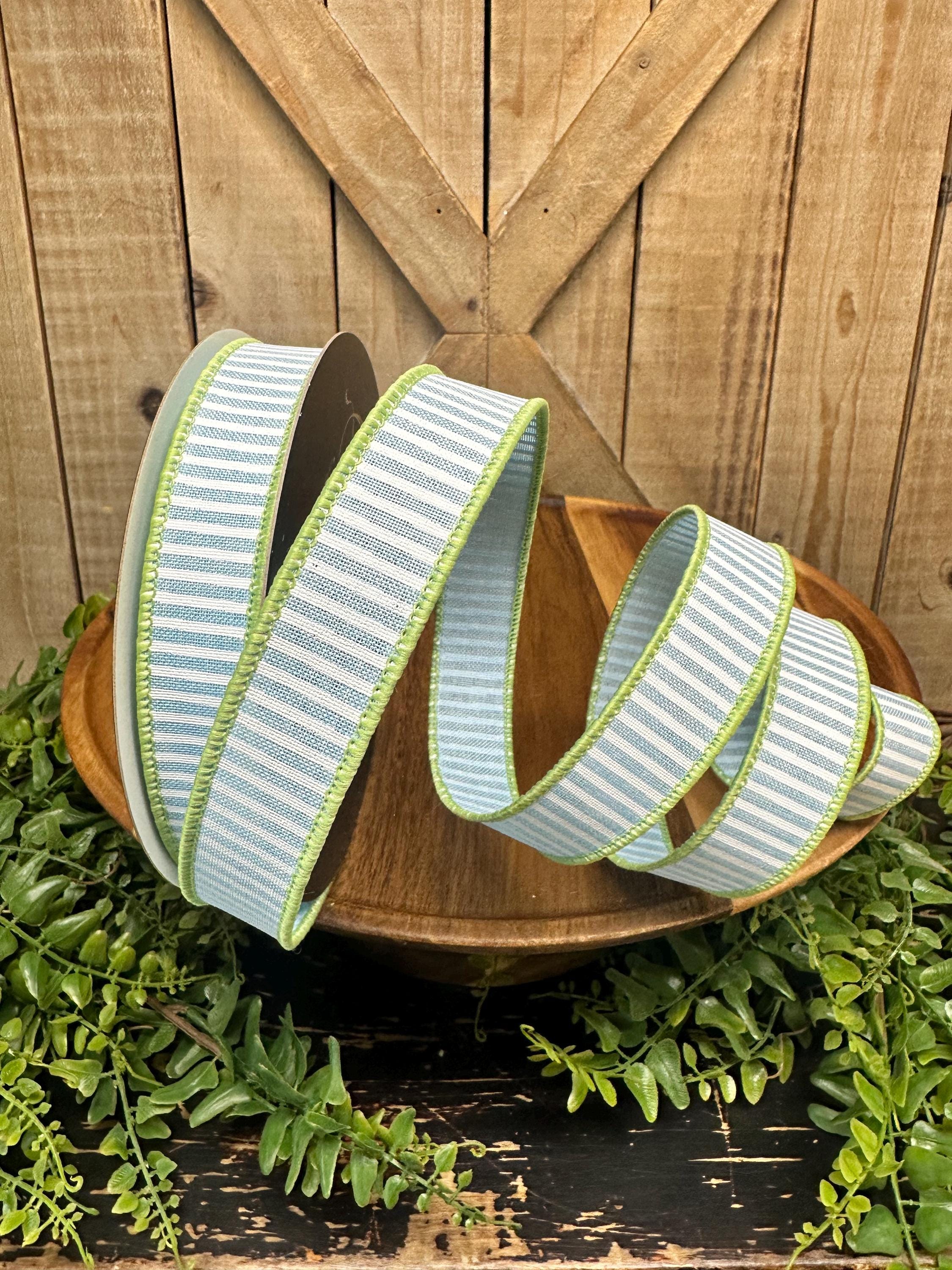Wide Coasta Ribbon Coastal Stripes Light Blue and White Wired Ribbon, Green Trim, 10 Yards ...