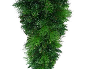 May include: A cascading, artificial evergreen garland with vibrant green needles. The garland is designed to hang, creating a natural, flowing appearance. Ideal for holiday or seasonal decor.
