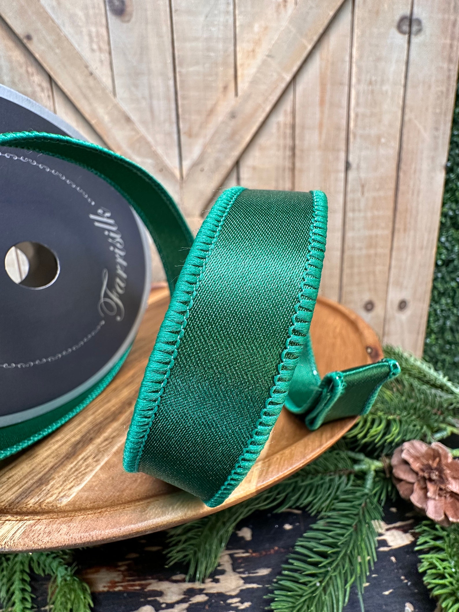 1 Inch, Emerald Satin Wired Ribbon, 10 Yards Designer Ribbon, Farrisilk ...
