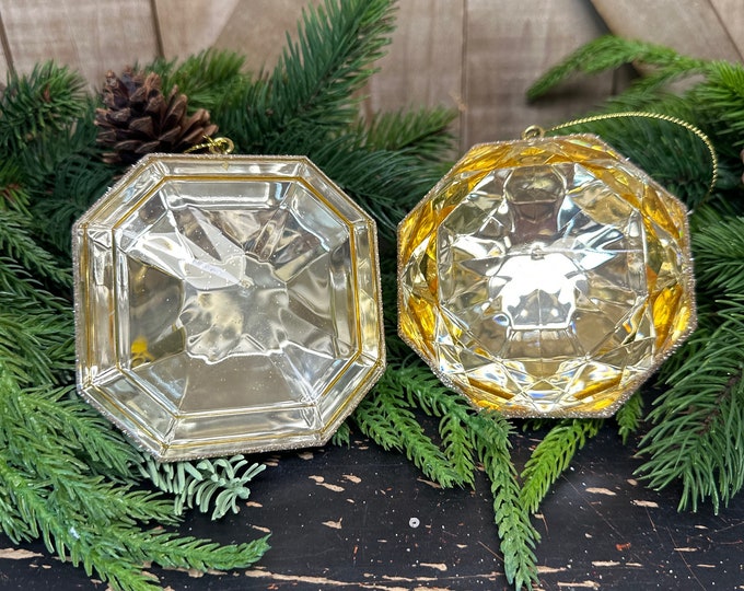 Set of 2, Gold Emerald Cut Ornaments, 4 Inch, Gem Ornaments, Jewel