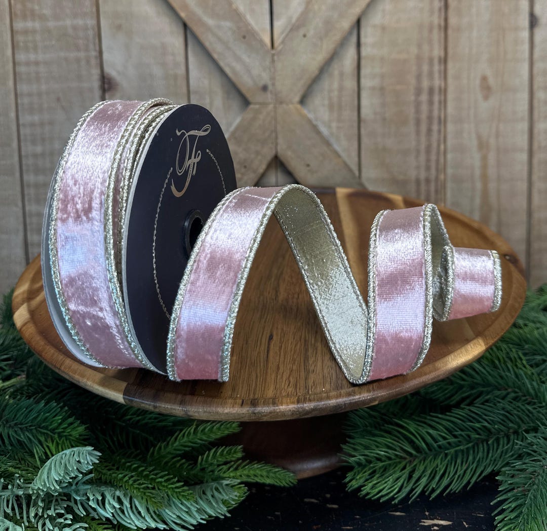 1 Inch, Pink Satin Velvet, With A Gold Luster Back and Gold Trim, Wired ...