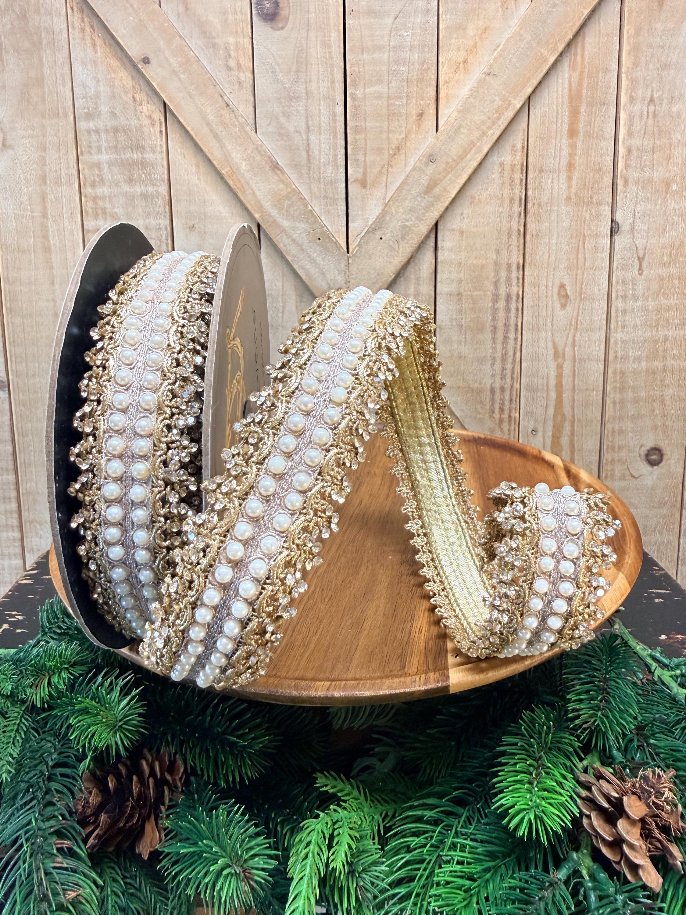 トップス Lumignon Pearl ribbon chain quilting Metallic Jewel Pearl Countless Trim, Gold With Gold Back Wired