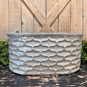 May include: A silver metal planter with a textured oval pattern. The planter is oval shaped and has a smooth, shiny finish.