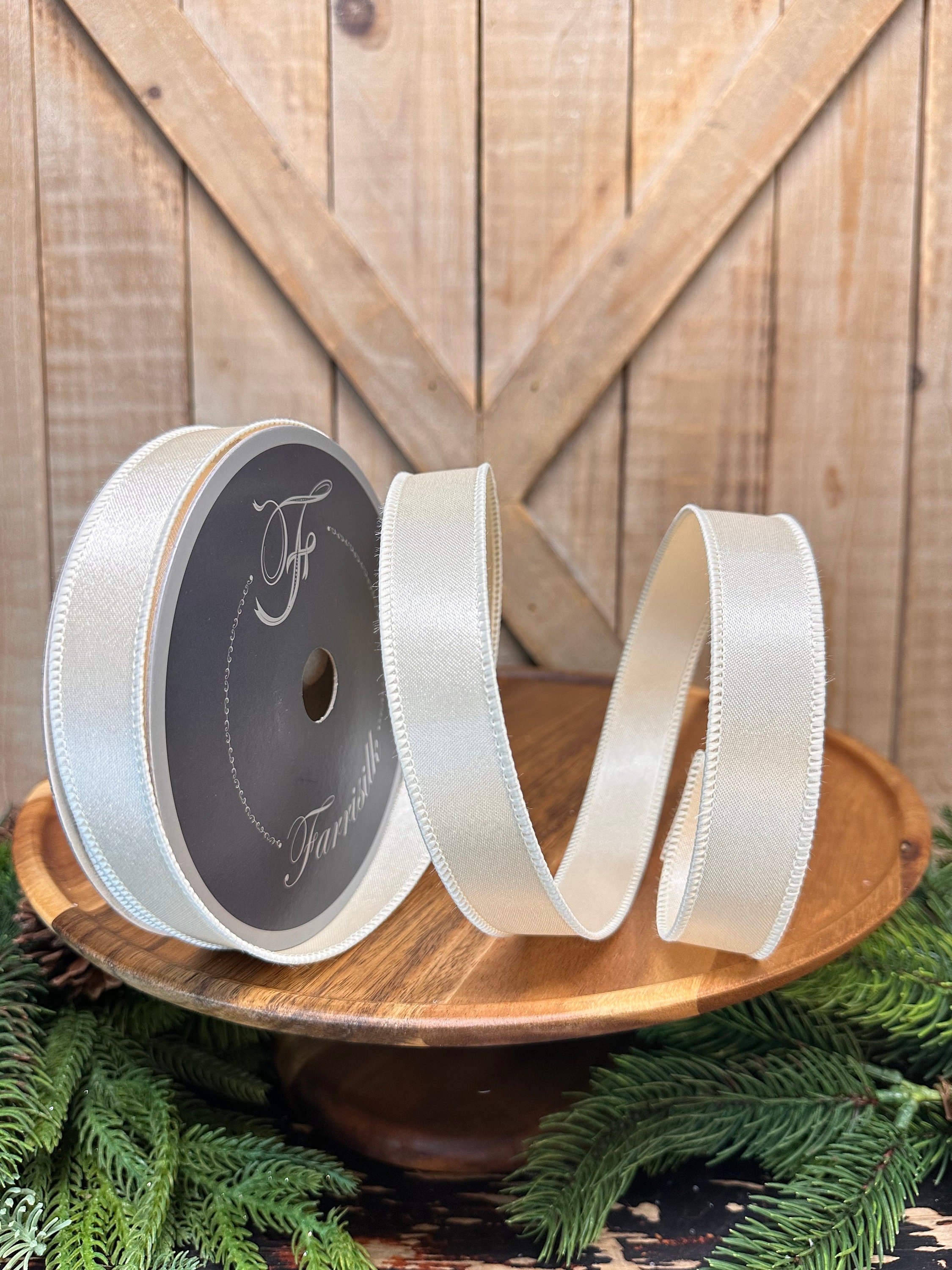 1 Inch, Ivory Satin Wired Ribbon, 10 Yards Designer Ribbon, Farrisilk ...