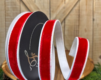 10 Yards, 1 Inch, Two Tone Red and White Velvet Wired Ribbon, Designer Ribbon, Farrisilk