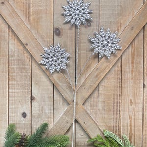 May include: Three silver glitter snowflake ornaments on stems, arranged against a wooden background. The snowflakes are detailed and sparkling, with a green garland and pinecones at the bottom. Perfect for holiday decor.