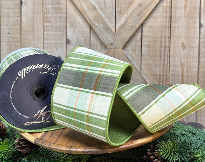 Hampton Plaid Wired Ribbon, 4 Inch Olive Ribbon, 10 Yards, Designer ...