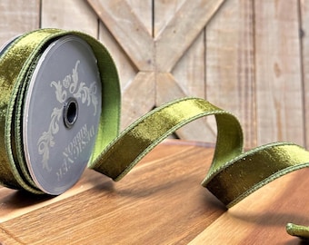 10 Yards, 1 inch, Olive Green Designer Plush Velvet Elite Wired Edge Ribbon, Designer Ribbon, Reliant Ribbon