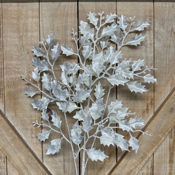 28 Inch, Silver/Platinum Holly Leaf Spray, Christmas Decor, Tree Decor,  Ornament, Wreath Attachment