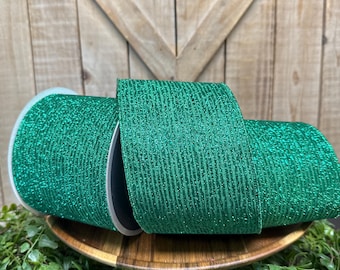 10 Yards, Emerald Random Stripes Glitter Wired Ribbon, 4 inch ribbon, Farrisilk