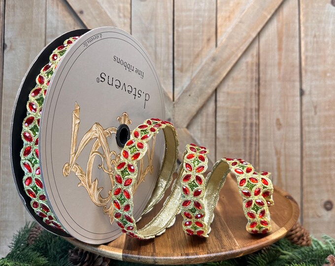 1 Inch, Metallic Dupion Red Jewel Trim With Lime and Gold Back Wired ...