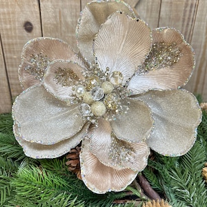 10 inch, Grand Platinum Jeweled Magnolia Clip, Christmas Decor, Tree Decoration, Wreath Attachment