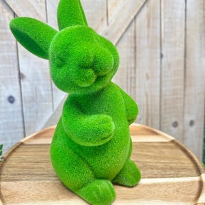 May include: A bright green, textured bunny figurine. The Easter-themed decoration is made of a fuzzy material and sits on a wooden tray. The bunny has long ears and is in a seated position. The background is a wooden wall.
