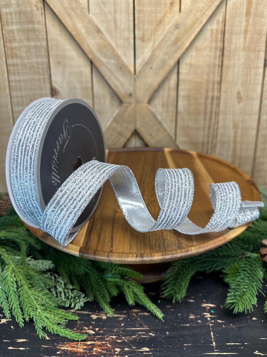 One Inch Ribbon Varigated 1 Inch, Silver Random Stripes Glitter Wired Ribbon, 10 Yards Designer ...