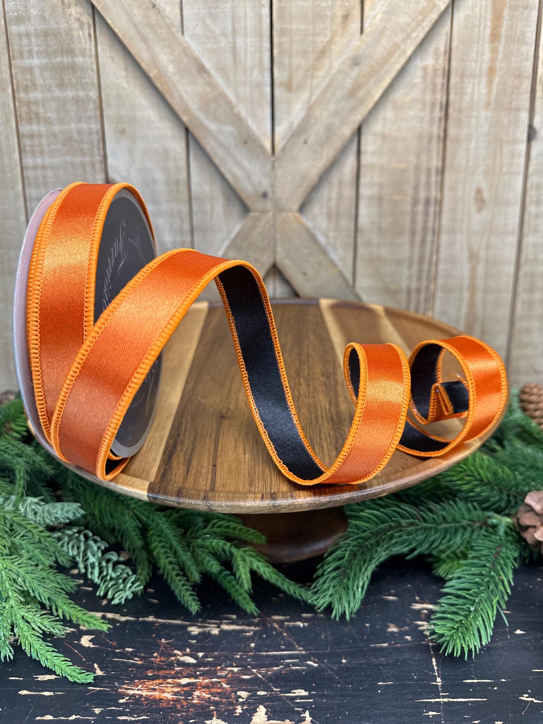 One Inch Ribbon Varigated 1 Inch, Orange and Black Satin Duo Wired Ribbon, 10 Yards Designer ...