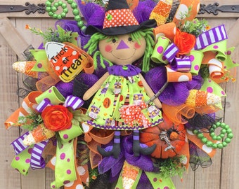 XL Witch Halloween Wreath, Happy Halloween, Trick or Treat, Fall Wreath, Front Door Wreath, Pumpkin Wreath, Witch Doll, Candy Wreath