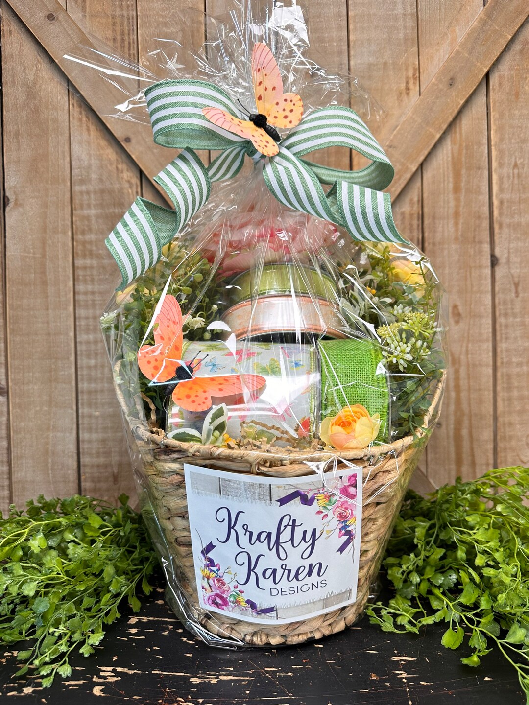 Large Designer Ribbon Gift Basket With Forals Butterflies Etsy