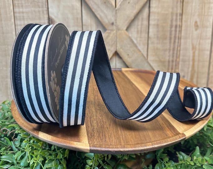 One Inch Ribbon Varigated 10 Yards, 1 Inch, Black and White Stripe Deluxe Wired Edge Ribbon ...
