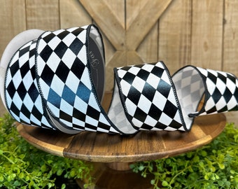 10 Yards - Black and White Foil Jester Diamond Ribbon, 2.5 inch ribbon, Farrisilk, Designer Ribbon