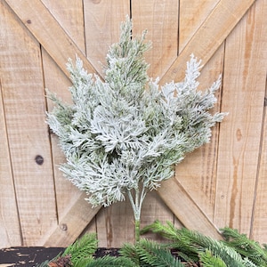 May include: A faux evergreen plant with frosted white tips. The artificial plant has a green stem and is surrounded by green pine branches and pine cones. The background is a wooden door.