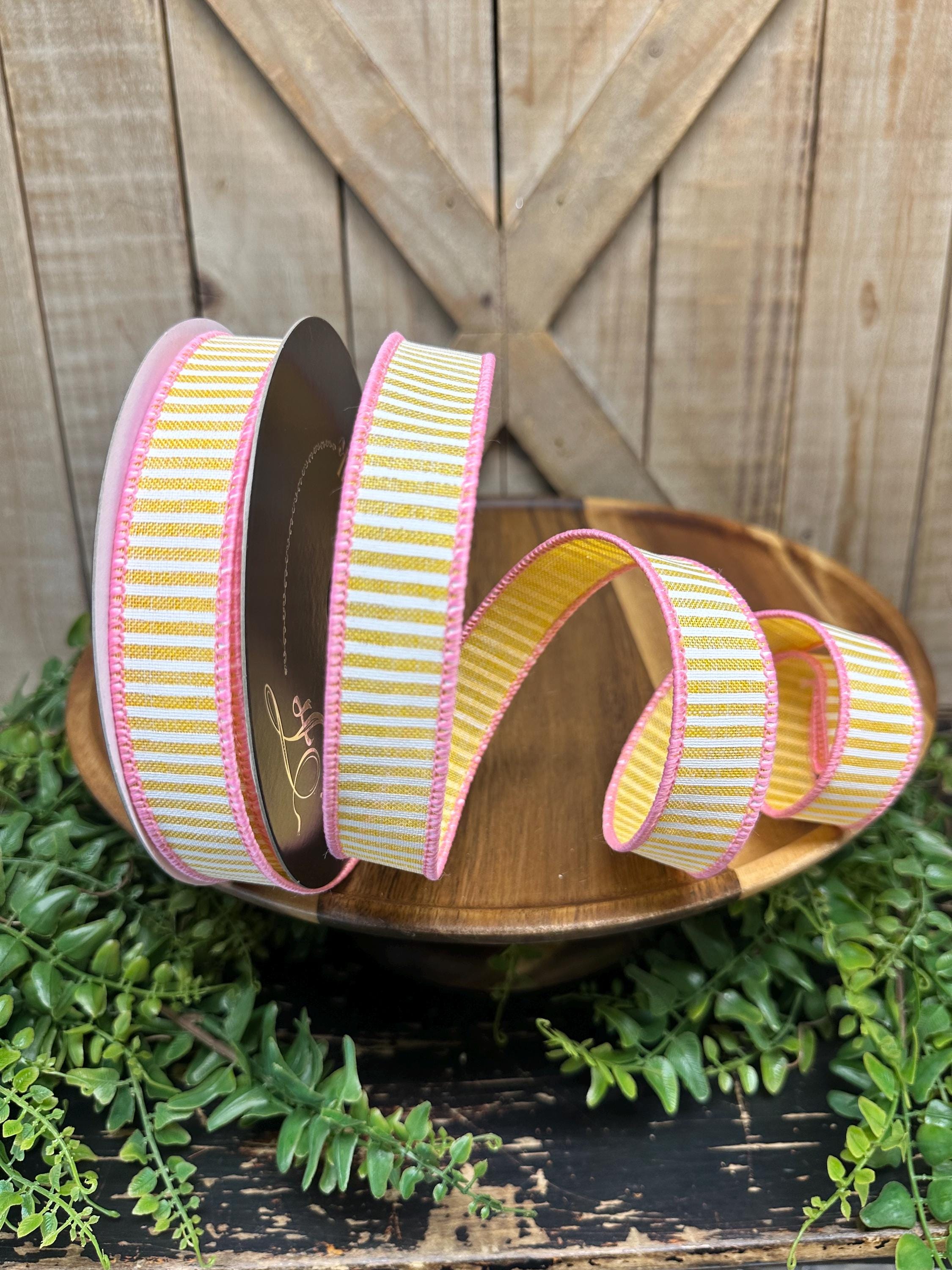 Wide Coasta Ribbon Coastal Stripes Yellow and White Wired Ribbon, Pink Trim, 10 Yards, 1 ...